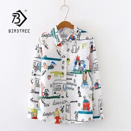 Kvinnors blusar skjortor Spring Women Cartoon Doodle Print Chiffon Blue Autumn Long Sleeve White Shirt Vintage Loose Tops Feminina Blusa T9D74 230918