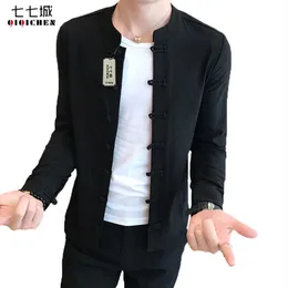 Kinesisk krage skjorta mandarin krage långärmad solid färg smal fit casual skjorta svart kinesiska mannen men220r