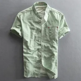 Camicia in cotone di lino a maniche corte con colletto alla coreana slim fit Camicie estive casual da uomo bianche verdi blu scuro con tasca2387