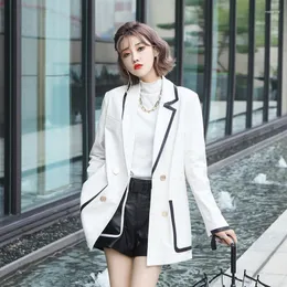 Women's Leather 2023 Designer Office Ladies White Blazer Elegant Sheepskin Genuine Slim Jackets Streetwear Double Breasted V-Neck Suit