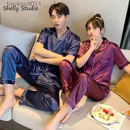 Women's Sleepwear Unisex Couple Pajamas Women Men Baju Tidur Sleepwear Nightwear Sexy satin silk L230918