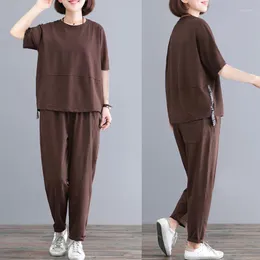 Calças femininas de duas peças 2023 verão moda algodão esportes terno manga curta superior cintura alta harem 5xl x149
