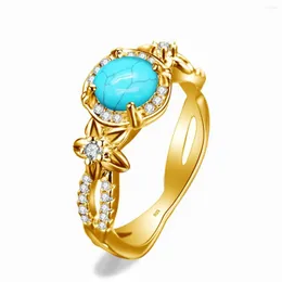 Klusterringar lyx turkos ring silver 925 för kvinnlig guldpläterad blommaårsdag parti present antioxidant kvalitet fina smycken