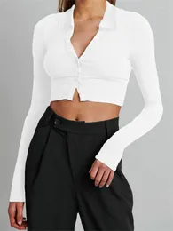 Women's Blouses Women Ribbed Crop Tops Solid Color Long Sleeve Lapel Button Down Basic Shirts Club Sexy Casual Autumn Blouse Streetwear