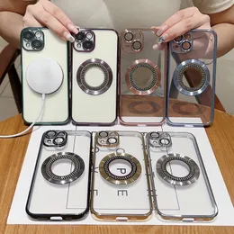 حالات الشحن اللاسلكية اللاسلكية Bling Diamond Magnetic لـ iPhone 15 Plus 14 13 Pro Max 12 11 Soft TPU Clear Camera Lens Protector Chromed Plating Magnet Beh Beal Wover Skin