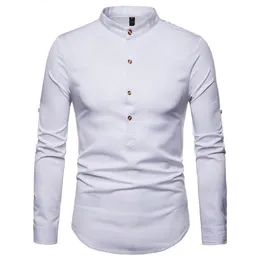 Rolled Up Sleeve Shirt Men 2021 Autumn Stand Collar Mens Dress Shirts Chemise Homme Henry Tops Camiseta Men's Casual267f