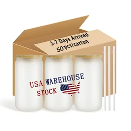 US CA Warehouse Ship 16oz Bierkrüge aus Glas mit Bambusdeckel, Dosenförmige Trinkgläser, Tassen, Thermotransfer-Cocktail-Eiskaffee-Soda-Gläser, Sublimationsrohlinge 918