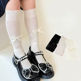 3pairs Kids Socks Gilrs Hollow Out Socks 2023 Summer Kids Thin Mesh Long Tube Socken White Black Clothes Princess Children's Calf Bowtie Sock 230918
