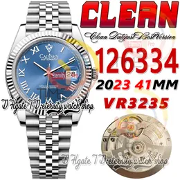 Clean CF Data 41mm 126334 VR3235 Automatic Mens Watch Canelada Bezel Blue Dial Marcadores Romanos 904L JubileeSteel Pulseira Super Edition Eternity Hombre Relógios de Pulso