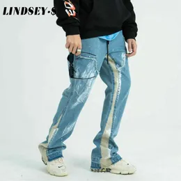 Mäns jeans Lindsey Seader 2021 Hip Hop Denim Pants Flare Patchwork Men Streetwear Harajuku Baggy Autumn Harem Trousers285a