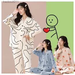 ملابس نوم للسيدات M-3XL Sleep Wear Set Pajamas Women Cotton Long Sleeve Pajamas 2023 Spring Wave Point Printing Sweet Lady Plus Size Home Wear L230918