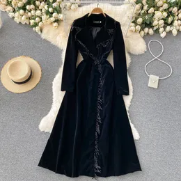 Urban Sexy Dresses Autumn Winter Women Black Velvet Dress Vintage Bling Tassel Notched Collar Suit Coat Trench Party Maxi Dress Elegant Vestidos 230918