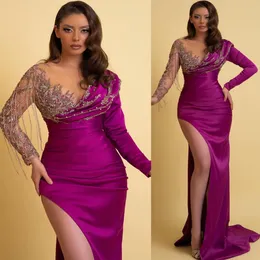 2023 Aso Ebi Árabe Roxo Sereia Vestido de Baile Lace Frisado Cetim Noite Festa Formal Segunda Recepção Aniversário Noivado Vestidos de Dama de Honra Vestidos Robe De Soiree Z4