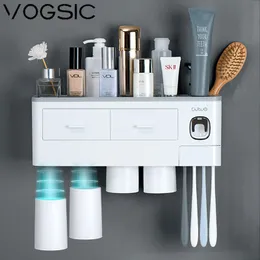 Toothbrush Holders VOGSIC 1/2/3/4/5 Cups Toothbrush Holder Storage Rack With Drawer Toothpaste Squeezer Organizer For Home Bathroom Accessories Set 230918