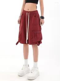 Calças de brim femininas verão vermelho na altura do joelho carga streetwear harajuku baggy vintage casual y2k em linha reta denim calças largas perna oversized