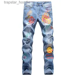 Jeans masculinos únicos homens angustiados impressos slim fit jeans moda rasgado graffiti azul biker denim calças tamanho grande motocycle hip hop calças 19008 l230918