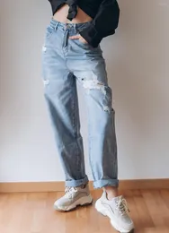 Kadınlar Kot High Bel Düz Yırtık Kadınlar 2023 Mavi Denim Pantolon Kore Moda Sokak Giyim Gevşek Pantolon