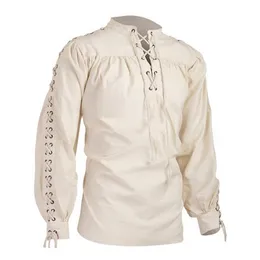 Camisa de trança superior para homens 2019 adulto traje medieval túnica verde roupas norman rendas até halloween cosplay roupas tops292c