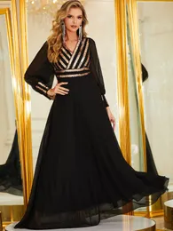 Aso Ebi Arapça Siyah Balo Elbiseleri Dantel Parlak Seksi Altın Gece Yeni Bling Resmi Parti İkinci Resepsiyon Bir Çizgi V Boyun Özel Yapımlı Özel Durum Gowns