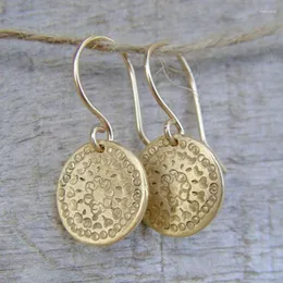 Dangle Earrings Simple Matte Gold Color Round Disc Hook Women Accessories Engraved Circle Flower Pattern Drop