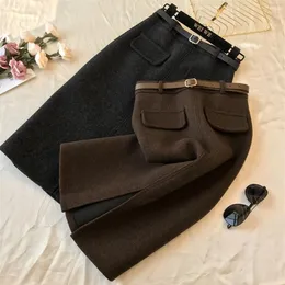 New design women's high waist with belt solid color woolen thickening vent jag knee length pencil skirt plus size S M L XL XX271d