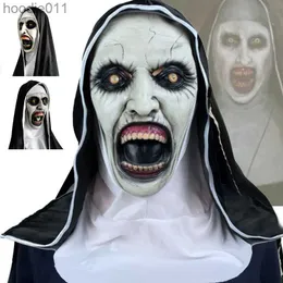 Acessórios de fantasia Máscaras de festa The Horror Scary Nun Latex Mask WHeadscarf Valak Cosplay para Halloween Costume Face Masques com Headpiece 221203 L230918