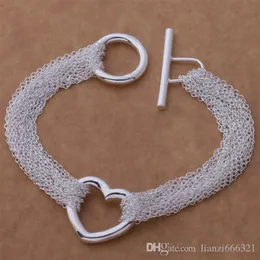 Top 925 Silver Bracelet Multi Links Chain Heart Pendant Bracelet Silver Jewelry 10Pcs lot cheap 1023330Y