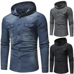 Men's Casual Shirts Spring Wash Denim Shirt Men Long Sleeve Fashion Hooded Jeans Slim Fit2357