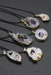 Bijoux colliers pendentifs Agate cristaux creux tranchés bruts avec bords plaqués or améthyste 9199449