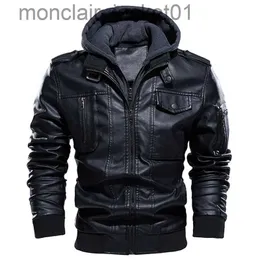Men's Down Parkas Motorcycle Jacket Men Casual PU Leather Jackets Man Winter Thick Warm Vintage Hooded Collar Club Bomber Leather Coats chaqueta J230918