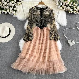 Casual Dresses 2023 Summer Round Neck Lace Stitching Mesh A-line Dress High Waist Puff Sleeve Dresses Vestidos Elegant Mid-Length 268z