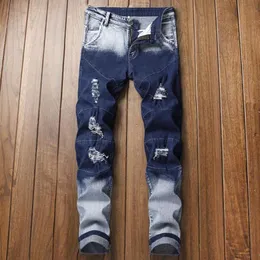 Men's Jeans Fashion Designer Men Straight Dark Blue Color Printed Mens Ripped Cotton Male Pants310j