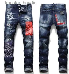 Mäns jeans 21SS Mens Badge Rips Stretch Designer Jeans Jeans Ripped Biker Slim Fit Washed Motorcykel Denim Men s Hip Hop Fashion Man Pants L230918