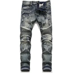 Mens Classic Biker Jeans Male Slim Straight Knee Drape Panel Moto Biker Jeans Destribued Ripped Stretch Hip Hop Trousers #18062846