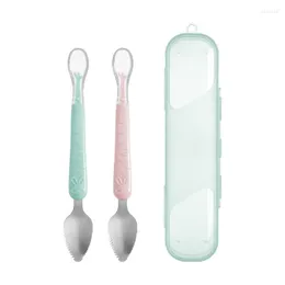Spoons Baby Feeding Spoon Stainless Steel Scraping Silicone Soft Infant Tableware Utensil With Box Children Toddler Cutlery