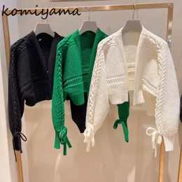Suéteres femininos elegante chique bandagem manga longa cardigan mujer sólido decote em v ponto aberto breve mulheres japão malha y2k roupas 230918