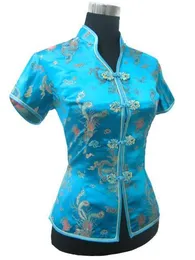 Women's Blouses Shirts Promotion Blue Chinese Style Women Summer Blouse V-Neck Shirt Tops Silk Satin Tang Suit Top S M L XL XXL XXXL JY0044-4 230918