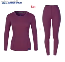 Kvinnors termiska underkläder Merino Wool Base Layer Set Women Merino Wool Thermal Underwear 250G Midweight Women Merino Wool Top and Botts Warm Anti-Edor L230919