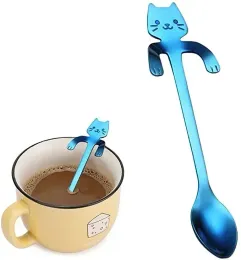 Rostfritt stål kaffekassar Långt hanterar Creative Mini Cat Tea Spoon Drinking Tools Kitchen Gadget Flatware Tabeller Bri Bri