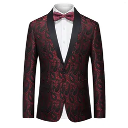 Мужские костюмы Жаккардовая ткань Пиджак с галстуком-бабочкой Модное свадебное платье Пальто на одной пуговице Винно-красный Золотой Черный Элегантный пиджак