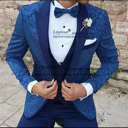 Men's Suits Blazers Royal Blue Jacquard Men Suit Slim Fit 3 Pieces Groom Wedding Tuxdeo Fashion Groomsman Blazer Jacket Pants Vest Set Costume Homme 230918