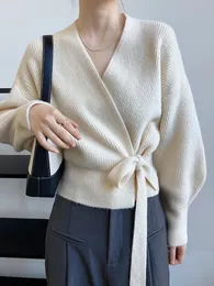 여자 니트 티 니트 카디건 여성 스웨터 vneck laceup 불규칙한 옷 패션 가을 겨울 2023 캐주얼 한국 세련 디자이너 230918