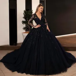 Gotycka suknia balowa czarne sukienki ślubne cekiny koronkowe aplikacje ślubne z długim rękawem koronkowe sukienki księżniczki mariage plus siz311v
