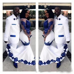 Novo cetim branco renda azul real aso ebi vestidos africanos mangas compridas ilusão apliques vestidos formais concurso vestido de casamento 196f