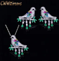 CWWZircons High Quality Water Drop Green CZ Crystal Necklace and Earrings Fashion Animal Bird Jewelry Set for Women Gift T217 20126342889
