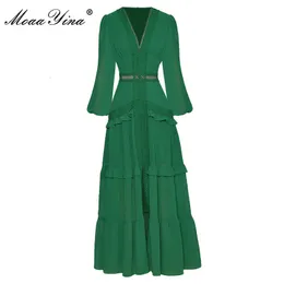 Urban Sexy Dresses Moaayina Fashion Designer Dress Autumn Women's Dress V-krage Lantern Sleeve Hollow Ruffles Casual Green Maxi Dresses 230918