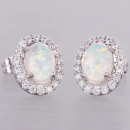 Stud Earrings KONGMOON 5x7 Oval White Fire Opal Cabochon CZ Silver Plated Jewelry For Women Piercing