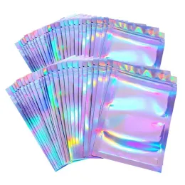 wholesale Resealable Smell Proof Bags Mylar Foil Pouch Flat Zipper Bag Laser Rainbow Holographic Color Packaging For Party Favor Food LL