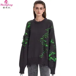 Kvinnors tröjor Yuxinfeng kontrast Färg Raggad tröja Kvinna Autumn Loose Long Sleeve Top's Casual Personality Pullovers Jumpers 230918