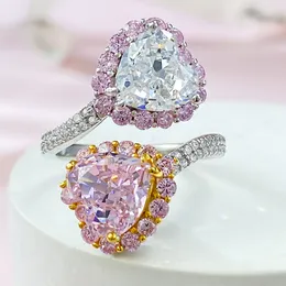 Anel de diamante rosa para coração 100% real prata esterlina festa de casamento anéis de banda para mulheres joias de noivado
